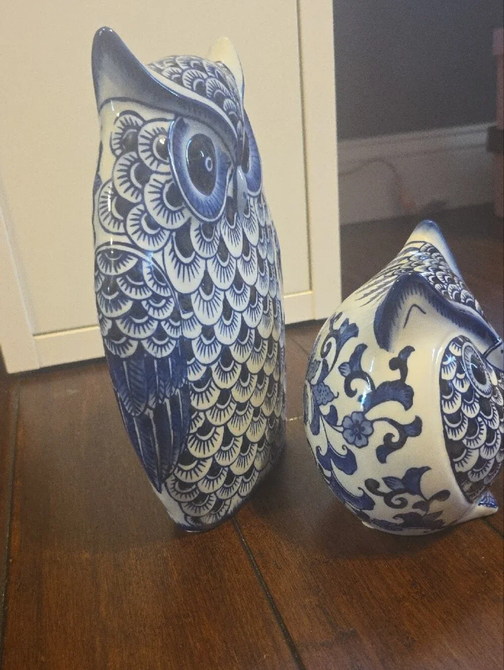 Pier 1 Blue and White Ceramic Owl Pair Figurines
